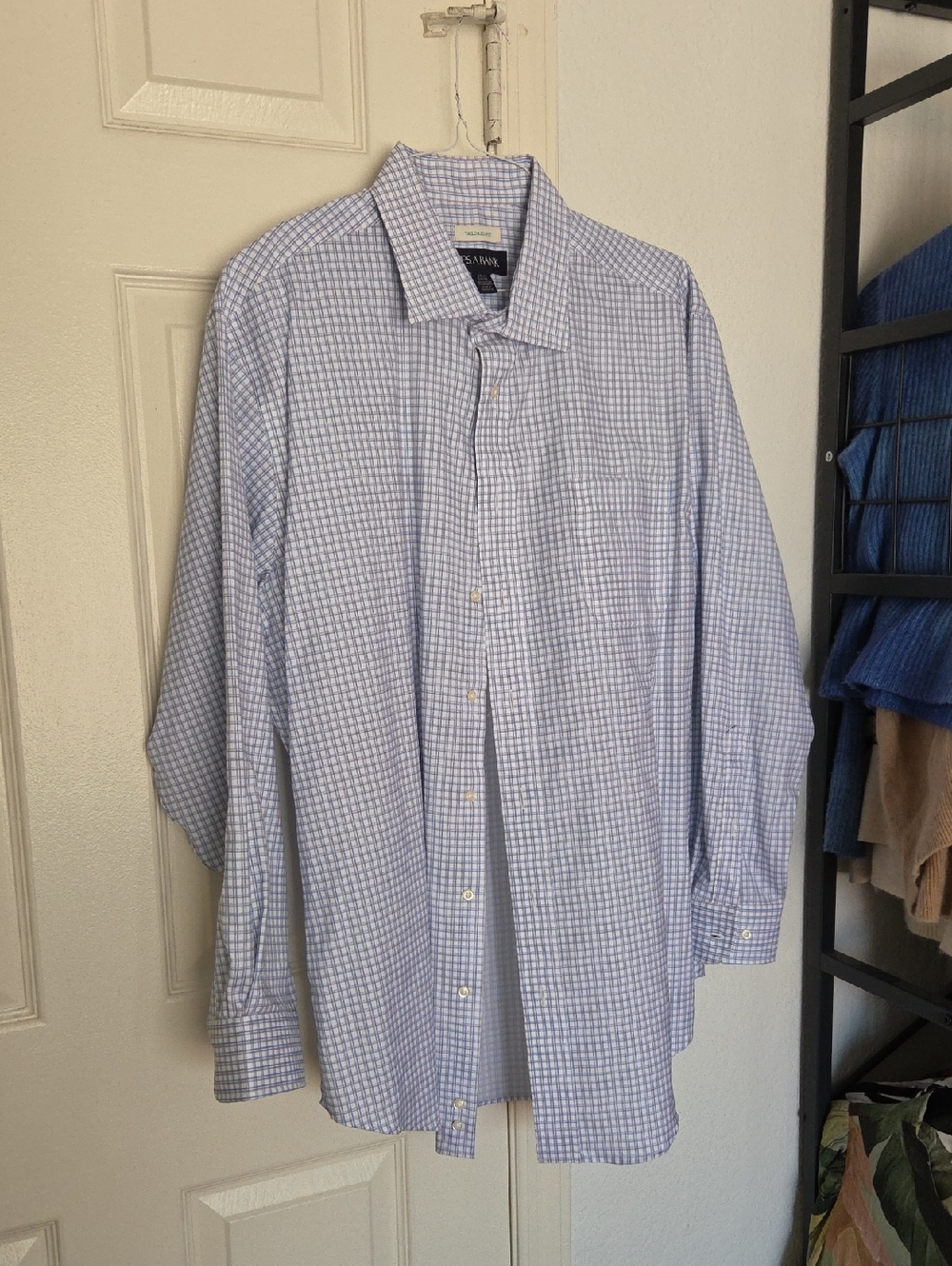 JoS A. BANK Light Blue and White Gingham Dress Shirt 17.5 34/35